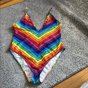 Women’s forever 21 Vibrant Rainbow Striped Swimsuit medium?